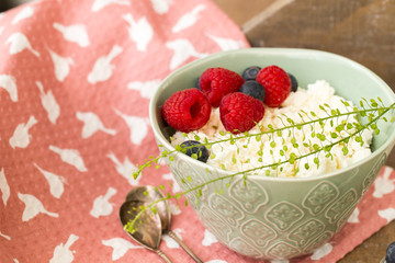 Cottage cheese in bowl with raspberries and blueberries on wooden background. Healthy breakfast .Place under the text