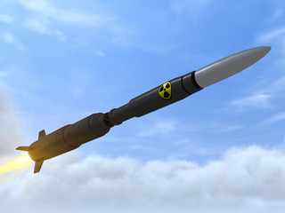 The newest Russian ballistic missile with a nuclear warhead is flying. Putin's presentation of the latest developments in Russian military equipment. 3D rendering