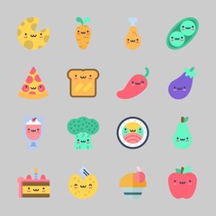 Icons about Food with apple, cake, pizza, chicken leg, broccoli and toast