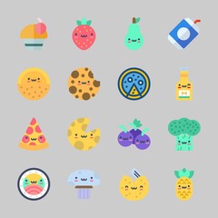 Icons about Food with cupcake, fortune cookie, cookie, pineapple, melon and pear
