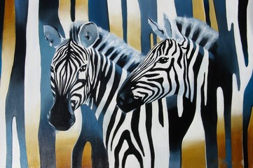 Illustration with zebras on the black and white striped background.
