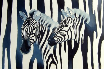 Illustration with zebras on the black and white striped background.