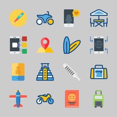 Icons about Travel with passport, suitcase, location, motorbike, plane and surfboard