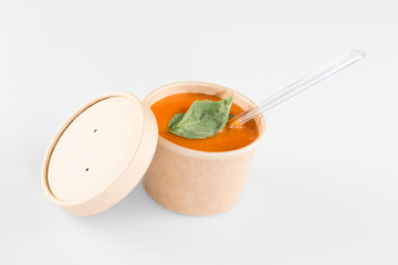 fresh tomato soup in takeaway box