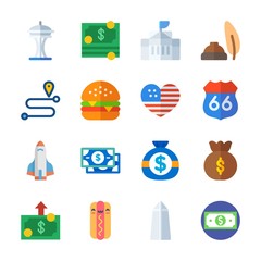 icon United States with quill, hot dog, hamburger, space needle and white house