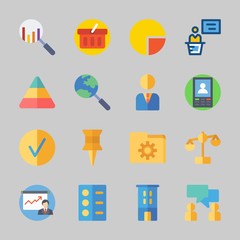 Icons about Business with shopping basket, smartphone, building, law, manager and search