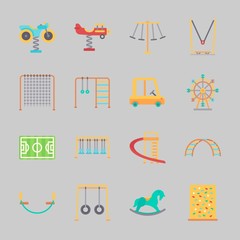 Icons about Amusement Park with swings, ferris wheel, carousel, toy car, climbing and slide