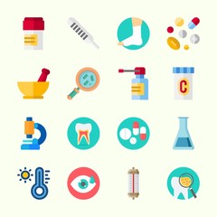 Icons about Medical with tooth, pill, mortar, pills, medicine and microscope