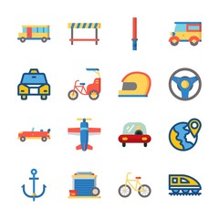 icon Transportation with car, steering wheel, bus, helmet and sport  car
