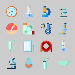 Icons about Laboratory with watch glass, flask, thermometer, surgery, test tube and lab