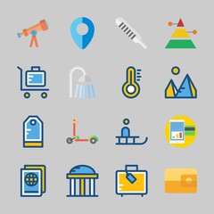 Icons about Travel with suit case, passport, pyramids, location, telescope and pyramid