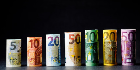 Different Euro banknotes from 5 to 500 Euro