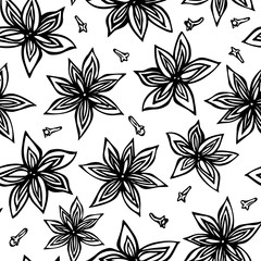 Anise Star Seed and Cloves Seamless Endless Pattern. Seasonal Food Background. Spice and Flavor Mulled Wine Cocktail Ingredient. Cooking or Aromatherapy. Hand Drawn Illustration. Savoyar Doodle Style.