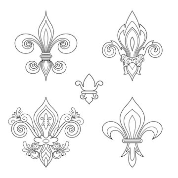 Vector Monochrome Set of Fleur-De-Lis. Beautiful Elements. Objects Isolated On White Background