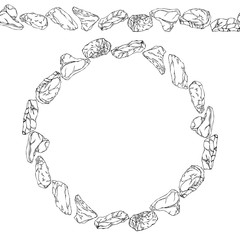 Endless Pattern Brush, Round Garland with Popular Steak Types. Beef Cuts Set. Butcher Shop or Steak House Restaurant Menu. Wreath Circle Frame. Hand Drawn Vector Illustration. Savoyar Doodle Style.