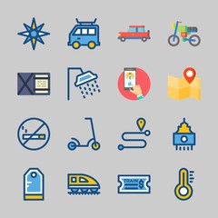 Icons about Travel with windrose, van, car, route, scooter and location