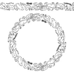 Endless Pattern Brush, Round Garland with Popular Steak Types and Herbs. Butcher Shop or Steak House Restaurant Menu. Wreath Circle Frame. Hand Drawn Vector Illustration. Savoyar Doodle Style.