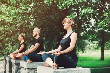 Young yoga practitioners in group doing yoga on nature.