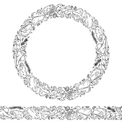 Endless Pattern Brush, Round Garland with Popular Steak Types, Onion, Garlic, Herbs, Pepper, Cloves. Steak Restaurant Menu. Wreath Circle Frame. Hand Drawn Vector Illustration. Savoyar Doodle Style.