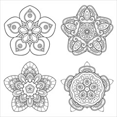 Vector Monochrome Set of Stars. Four Abstract Objects Isolated On White Background. Ethnic Decorative Element