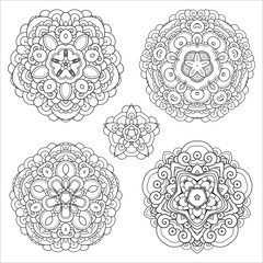 Vector Monochrome Set of Stars. Five Abstract Objects Isolated On White Background. Ethnic Decorative Element