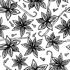Anise Star Seed, Cloves and Vanilla Pod Seamless Endless Pattern. Seasonal Food Background. Spice and Flavor Mulled Wine Cocktail Cooking or Aromatherapy. Hand Drawn Illustration Savoyar Doodle Style.