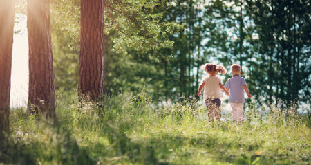 Boy and girl walking in the forest in summer