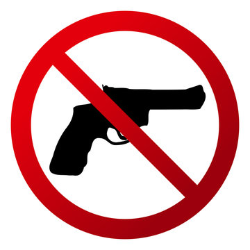 Simple, circular "No firearms allowed". Red gradient sign, black silhouette. Isolated on white