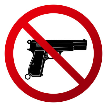 Simple "No firearms allowed". Red gradient sign, black silhouette. Isolated on white