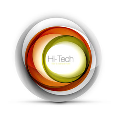 Digital techno sphere web banner, button or icon with text. Glossy swirl color abstract circle design, hi-tech futuristic symbol with color rings and grey metallic element