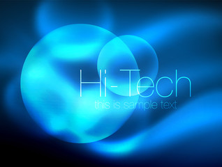 Blurred blue neon glowing circles, hi-tech modern bubble template, techno glowing glass round shapes or spheres. Geometric abstract background