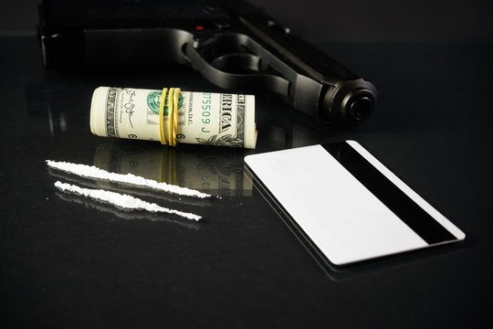 drugs - cocaine - gun, money and credit card