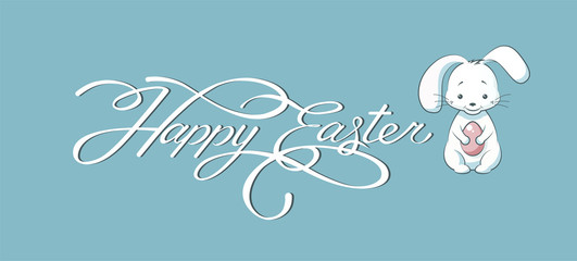 Banner inscription, hand lettering, calligraphy, typography Happy Easter bunny blue background