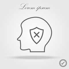 Line human head silhouette and Shield with x sign. Flat style for graphic and web design, Modern simple vector sign. Internet concept. Trendy symbol for website design web button, mobile app.
