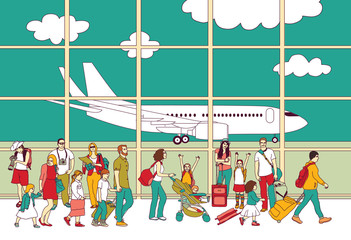 Fototapeta premium Crowd travel people family airport and plane.