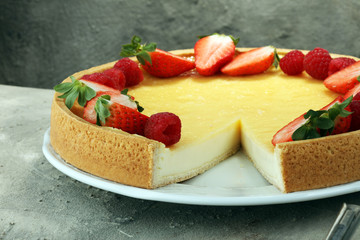 Homemade cheesecake with fresh berries for dessert. Cheese cake