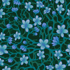 Vector seamless background with sakura blossoms, brunches and foliage. Eps outlined illustration in shades of blue.