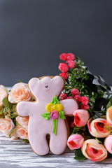 delicious gingerbread cookie teddy bear with flowers
