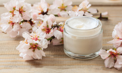 Natural cosmetics. Pink almond blossoms and moisturizing cream on wooden board