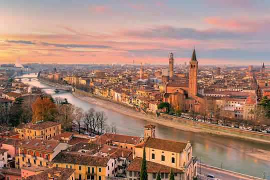 Verona, Veneto, Italy. Panoramic view of Verona from Piazzale Castel San Pietro