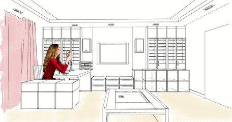 sketch of the living room interior with a girl