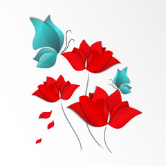 Paper-cut style red flowers and blue butterfliers on white background. 3D illustration, card, day, happy, spring, summer, bright, love, flora, design