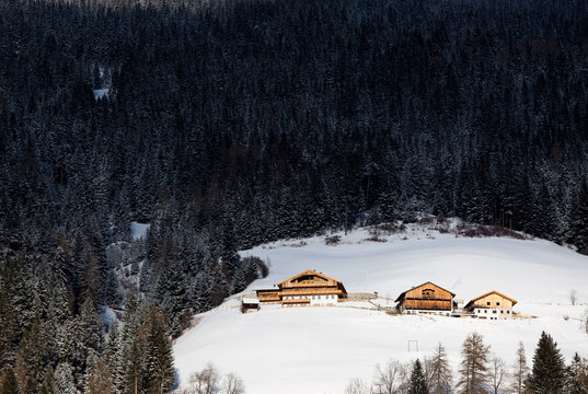 Chalet in the snow, Dolomites Alps, Alto Adige, Italy