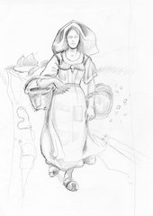 girl with baskets drawing