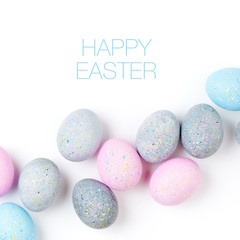 Background with pale pink, blue, yellow and gray Easter eggs. Compositions in pastel colors.  Easter concept