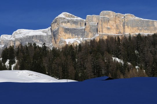 Sasso della Croce in Winter season. Italian Dolomites in Val Badia. Trentino Alto-Adige, Italy.