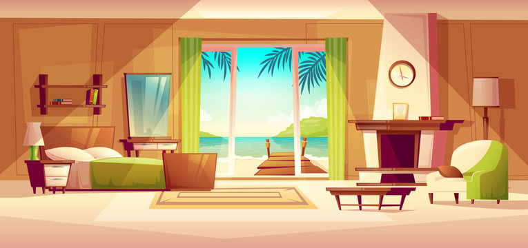 Vector panorama of villa interior, window with seaside. Bedroom of tropical hotel, resort, tourism concept. Luxury house with wooden shelf, fireplace. Ocean view, shore with pier