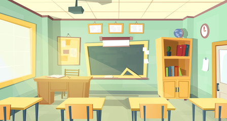 Vector cartoon background with empty school classroom, interior inside. Education concept illustration, college or university training room with furniture, chalkboard, table, projector, desks, chairs