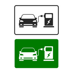 Obraz premium Electric Car Charging Station Road Sign template with set of icons. Vector isolated sign