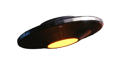 UFO, alien spaceship with extraterrestrial visitors, flying saucer from outer space (3d science fiction illustration isolated on white background)